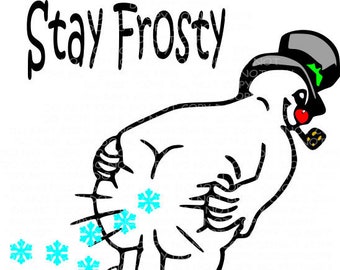 May include: A black and white cartoon illustration of a snowman with a black top hat and a red nose. The snowman is blowing out snowflakes. The text "Stay Frosty" is written above the snowman.