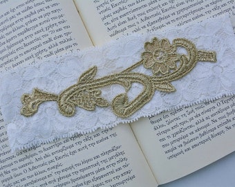 Gold Bridal Garter Wedding Garters Bridal Lace Garter, Rustic Wedding Garter Bohemian Ivory, Antique Ivory & Gold Golden Rose Flower Garter