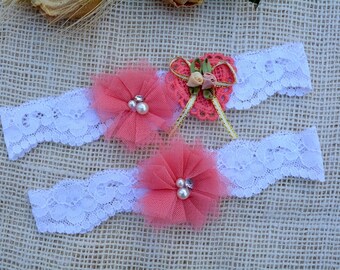 Custom Garter, Wedding Garter, White Garter, Lace Garte Set, Bridal Garter, Weddig Garter, Bridal Garter Set, Handmade Garter, Coral Garter