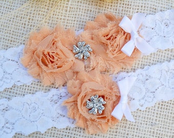 Peach Garter Set, Peach Bridal Garter, Keepsake Garter Peach,Toss Wedding Garter, Lace White Garters, Vintage Lace Garter, Blush Garter Set