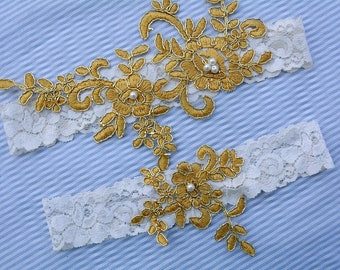 Wedding Garter Set Gold, Garter  Ivory, Bridal Garter Ivory, Lace Garter Set, Wedding Garter Set, Rustic Garter, Prom Garters, Lace Garter