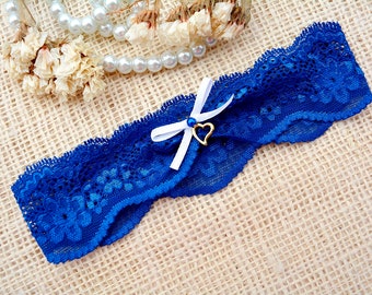 Royal Blue Wedding Keep Toss Garter Lace Gold Heart Charm, Blue Toss Garter Wedding Garter Blue, Lace Garter Belt, Blue Lace Garter