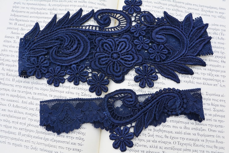 Dark Navy Blue Garter Set Belt Lace for Wedding Garter, Bridal Garter