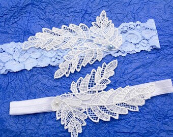 Something Blue Wedding Garter Blue Bridal Garter Set, White Blue Garters, Lace Garter Wedding Garter Blue, Keepsake Garter Blue, Leaf Garter