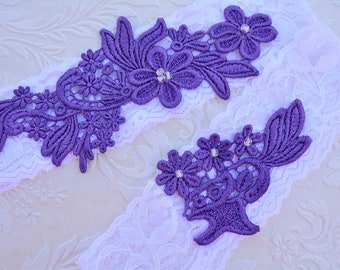 Wedding Garter Set White Purple Flower Lace Garter, Wedding Purple Garter Belt For Bride, Purple Garter Sets For Wedding Personalized Garter