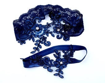 Wedding Garter Blue Bridal Navy Blue Garter Wedding Elegant Garter Set Bride Something Blue Dark Blue Garter Elegant Lace brides Garter Belt