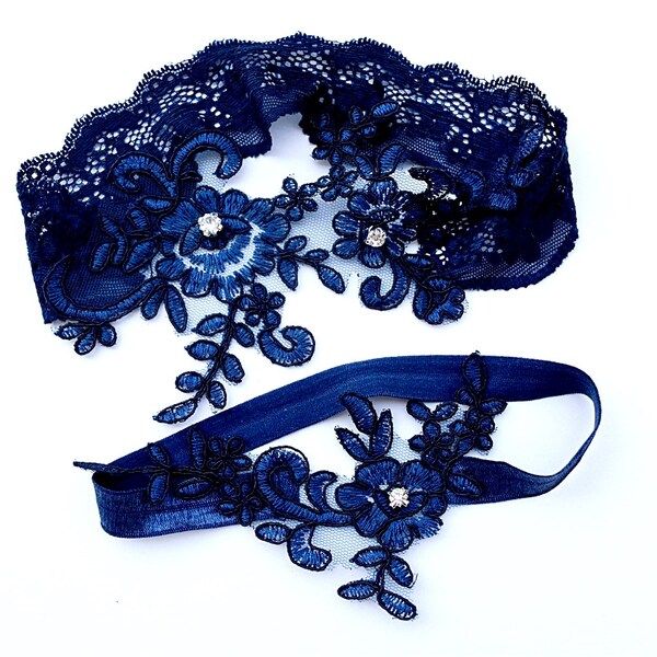 Wedding Garter Blue Bridal Navy Blue Garter Wedding Elegant Garter Set Bride Something Blue Dark Blue Garter Elegant Lace brides Garter Belt