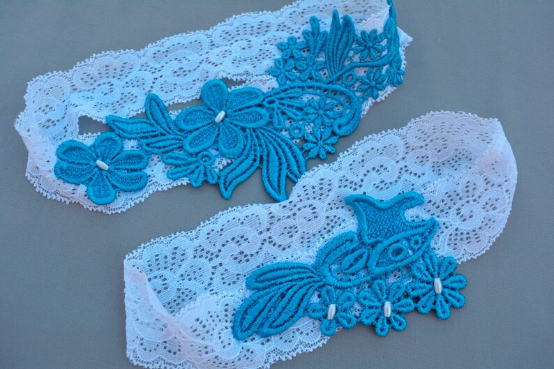 Wedding Garter Set Blue Flower Lace White Elastic Lace