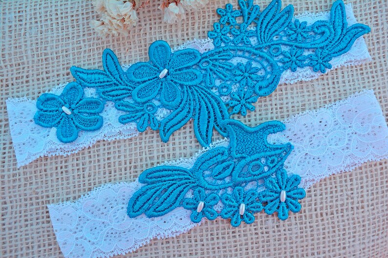 Wedding Garter Set Blue Flower Lace White Elastic Lace