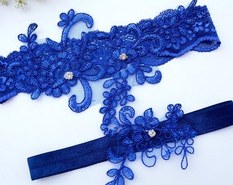 Wedding Garter Set Blue Lace For Wedding, Bridal Garter Set Royal Blue, Wedding Garter Crystal, Something Blue Handmade Garter Lace Garters