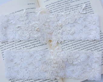 Boho Lace Pearl Wedding Garter Set Ivory