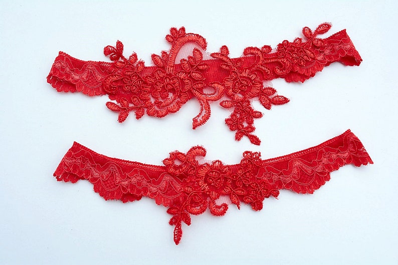 Red Wedding Garter Bridal Garter Red, Lace Garter Set, Wedding Garter