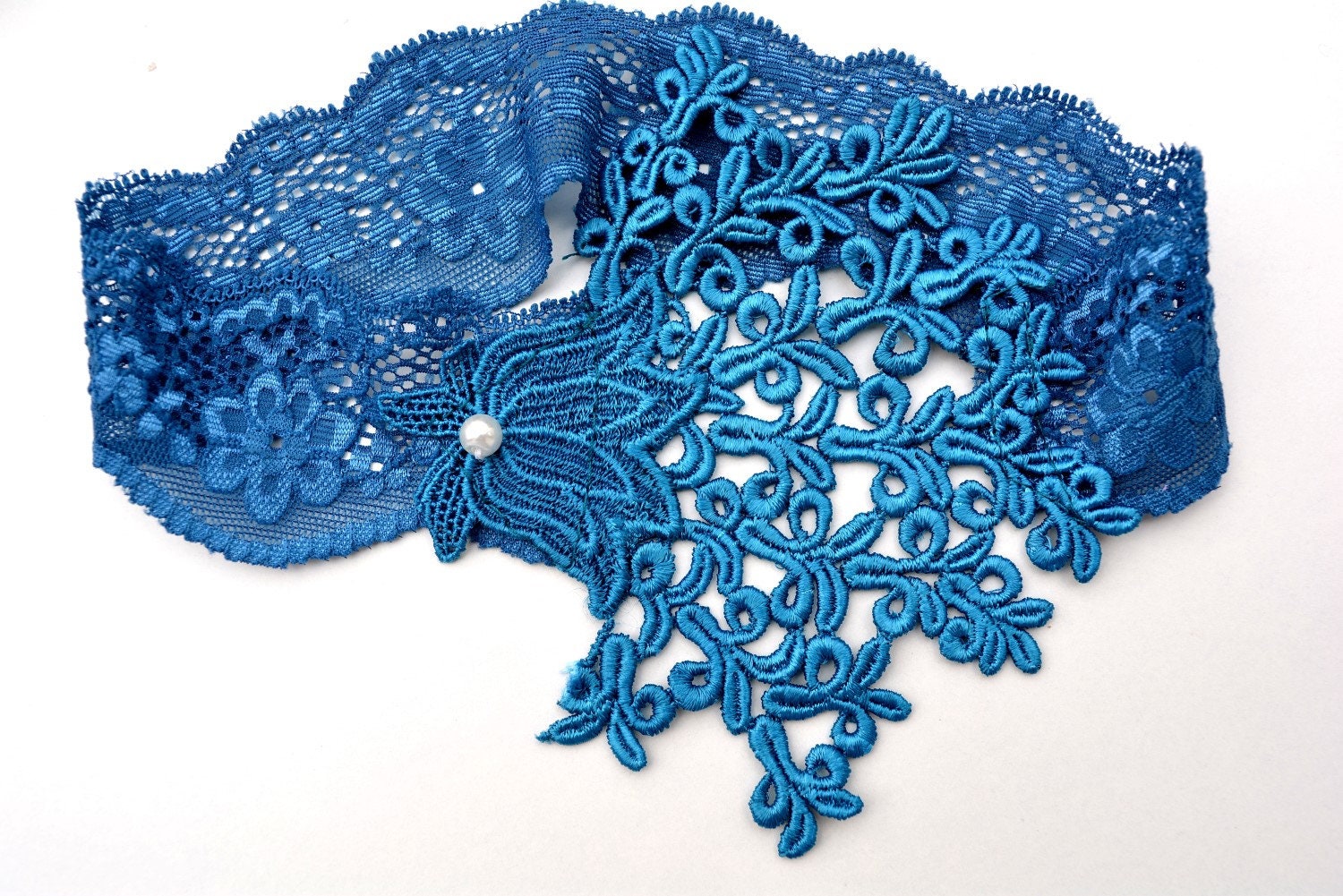 Teal Blue Venice Lace Appliques Bridal Garter Set Blue Flower | Etsy