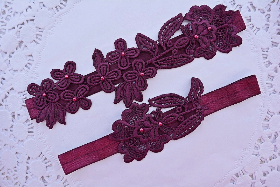 Wedding Garter Set Plum Purple Wedding Garter Belt, Bridal Garter Set