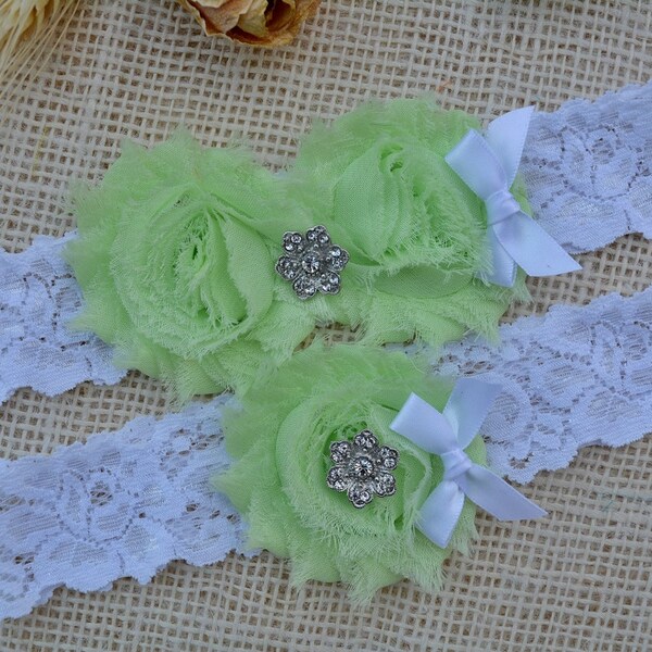 Jarretière de mariée anis blanc jarretière ensemble, citron vert mousse, Lime garder au point mousse, Jarretière de mariée, blanc mariage, choisir strass, perle au point mousse