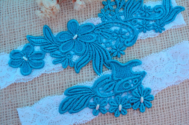 Wedding Garter Set Blue Flower Lace White Elastic Lace