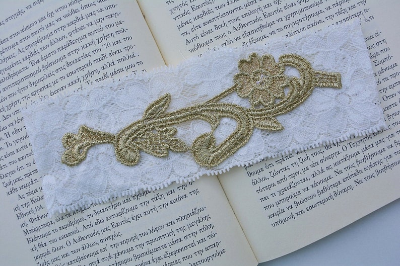 Gold Braut Strumpfband Hochzeit Strumpfbänder Braut Spitze Strumpfband, rustikale Hochzeit Strumpfband Boho Elfenbein, antike Elfenbein & Gold Goldene Rose Blume Strumpfband Bild 1