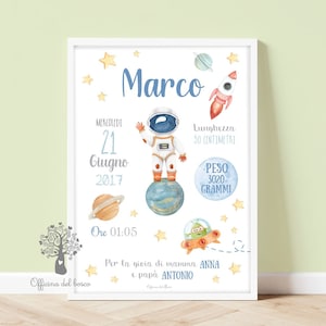 Quadretto Nascita PDF o STAMPA con cornice Spazio Astronauta - Poster ricordo bimbo - quadro - idea regalo per nascita per bambino e bambina