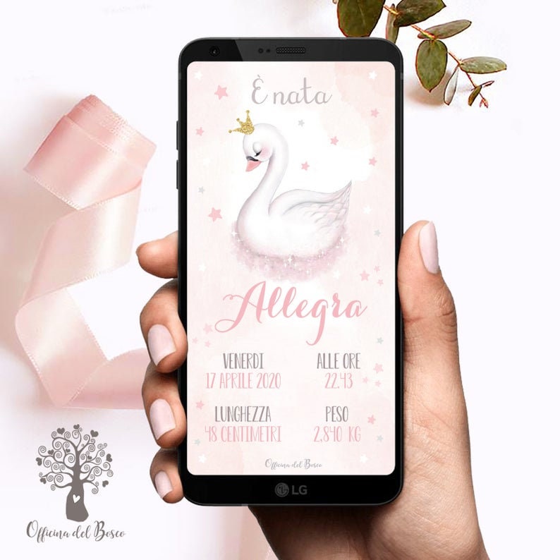 May include: A pink and white digital announcement with a white swan wearing a gold crown. The text reads "E' nata Allegra" and includes the date and time of birth, length, and weight.