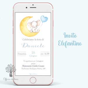 Invito Digitale ELEFANTINO con palloncino cuore, luna, invito festa, Invito compleanno, bambina, rosa, invito Battesimo, comunione, cresima