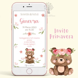 Invito BOSCO PRIMAVERILE  ORSETTO invito festa personalizzabile, Battesimo, compleanno, comunione, cresima, bambina, ballerina, elefantino