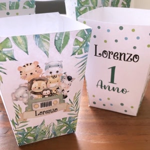PARTY KIT SAFARI in jeep bambina o bambino, animali della savana, tag confettata, banner, topper, cioccolatini, bomboniere, leone,zebra