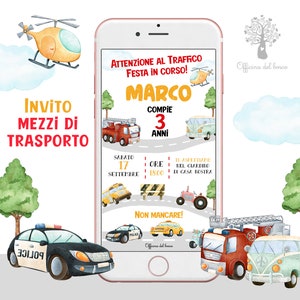 Invito Digitale festa MEZZI di TRASPORTO, primo compleanno, comunione, cresima, 2 anni, compleanno, auto, motorino, pompieri, trattore