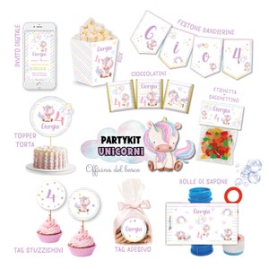 party kit UNICORNO arcobaleno, colori pastello, Battesimo, primo compleanno, bambina, 1 anno, 2 anni, invito unicorno, tag bombiniere, festa