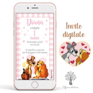 Invito Digitale Festa Lilli e il Vagabondo per BAMBINA, Bambino, tanti temi , Bambi, invito festa Battesimo, compleanno, comunione, cresima