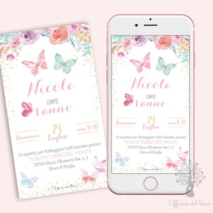 Invito Digitale FARFALLE BAMBINA, farfalline, colori pastello, invito festa  Invito Nascita, Battesimo, compleanno, rosa, Inviti digitali