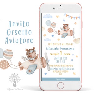 Invito digitale ORSETTO AVIATORE invito festa whatsapp, 1 anno, 2 anni, Battesimo, compleanno, comunione, cresima