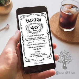 Invito digitale Compleanno Uomo, nero, bianco, festa adulti, party, cena amici, 30 anni, 40 anni, 50 anni, Whiskey