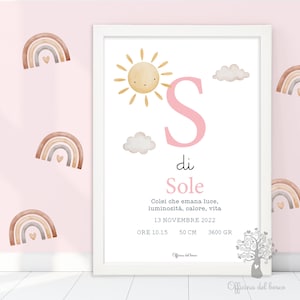 Quadretto Iniziale SOLE o LUNA Regalo Nascita Iniziale nome - Poster ricordo bimbo - quadro - idea regalo per nascita per bambino e bambina