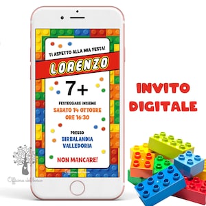 Invito Digitale  con mattoncini da costruzione, festa Compleanno, cresima, comunione, Battesimo, personalizzabile, divertente per bambini