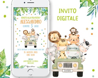 May include: A digital invitation displayed on a smartphone screen featuring watercolor illustrations of a lion, giraffe, monkey, tiger, elephant, hippo, and zebra in a green safari jeep, with text including Alessandro, 3 anni, and 15 agosto 2023.