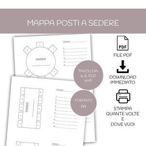 Puede incluir: Plantilla digital de mapa de asientos con páginas blancas, dibujos lineales negros de mesas redondas y rectangulares, disposiciones de asientos numeradas y listas de invitados. Texto: MAPPA POSTI A SEDERE, TAVOLO, TAVOLI DA 6, 8, 10, 12 posti, FORMATO A4, FILE PDF, DOWNLOAD IMMEDIATO, STAMPA QUANTE VOLTE E DOVE VUOI.