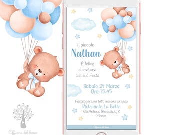 Digital invitation TEDDY BEAR, baptism, birthday, communion, boy, girl, digital invitation, birthday invitation, pink, blue