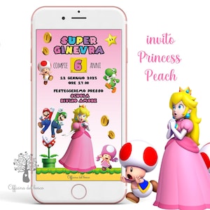Invito Principessa Peach , rosa, SUPER MARIO, invito festa videogiochi party kit, compleanno bambina, comunione, cresima