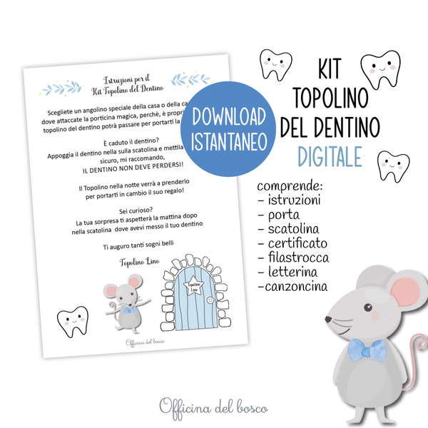 Kit TOPOLINO DEL DENTINO certificato denti, filastrocca dei denti, bambini, kit dentino, denti da latte, fatina dei denti,  fata dei denti