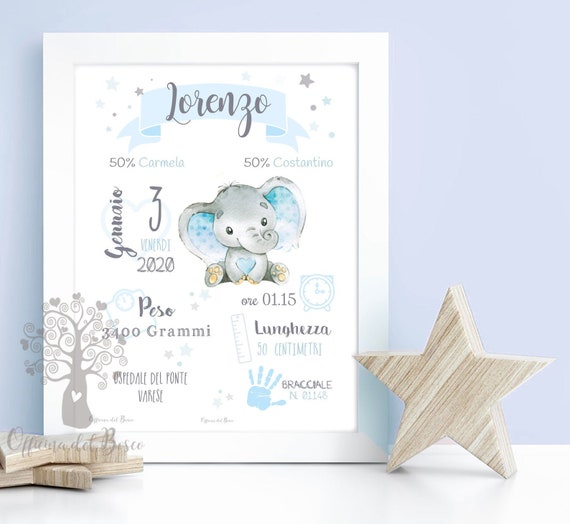 Birth picture - PDF or PRINT with FRAME elephant drawing - Souvenir poster  - picture - birth gift idea for boys and girls