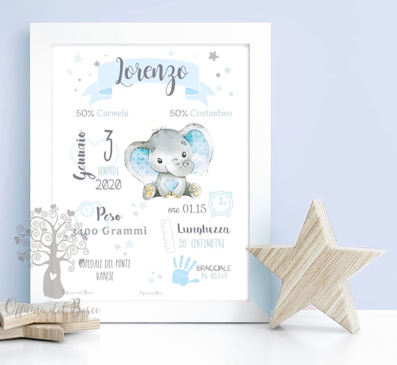 Birth picture - PDF or PRINT with FRAME elephant drawing - Souvenir poster  - picture - birth gift idea for boys and girls