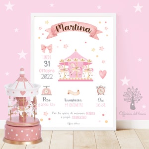 Quadretto Nascita Carillon giostra cavalli - Regalo nascita, Poster ricordo bimbo - quadro - idea regalo per nascita per bambino e bambina
