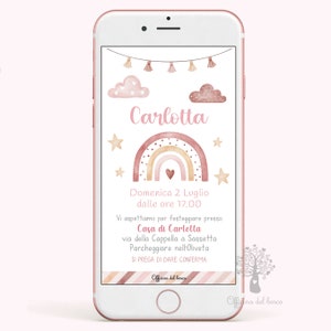 Invito Digitale ARCOBALENO BOHO rosa, colori pastello, compleanno, battesimo, invito festa, 1 anno, 2 anni, compleanno, comunione, cresima
