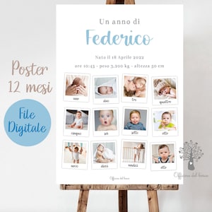 Può includere: Un poster con uno schema di colori blu e bianco che presenta il primo anno di un bambino in foto. Il poster è intitolato "Un anno di Federico" e include la data di nascita del bambino, l'ora, il peso e l'altezza. Il poster è diviso in 12 quadrati, ognuno con una foto del bambino a un'età diversa. Il poster è intitolato "Poster 12 mesi" e "File Digitale".