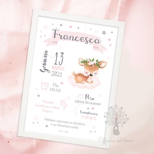 Quadretto Nascita PDF o STAMPA con CORNICE cerbiatto, giraffa, coniglietto stampabile digitale rosa  - idea regalo per nascita bambina