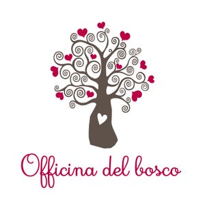 May include: A graphic logo featuring a stylized brown tree with swirling branches and multiple small red heart-shaped leaves. A single white heart is centered on the tree trunk. Below the tree, the text Officina del bosco is written in red.