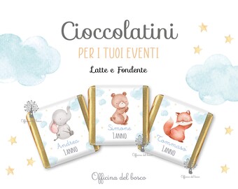 Cioccolatini ELEFANTE, ORSETTO, VOLPE con Etichette personalizzate, evento, cerimonia segnaposto, battesimo, nascita,cresima, comunione