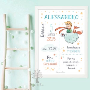 Quadretto Nascita Piccolo Principe, personalizzato, Poster ricordo, regalo primo compleanno, battesimo, natale, nascita bambino e bambina