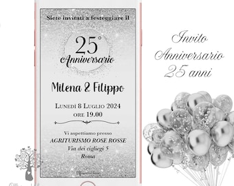 Invito digitale Argento 25 Anniversario di matrimonio, ideale per festeggiare 10 anni, 20 anni, 30 anni, 40 anni, 50 anni, whatsapp