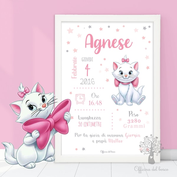 Quadretto Nascita PDF o STAMPA con CORNICE Minou- Poster ricordo bimbo - quadro - idea regalo per nascita per bambino e bambina